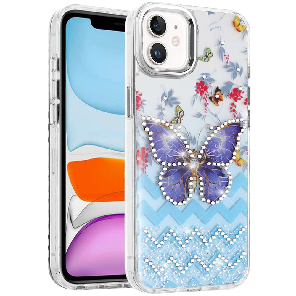 For Apple iPhone 11 Butterfly Resin Epoxy Diamond Design Metal Edged Hybrid Shockproof Heavy Duty Drop Protection Case Cover