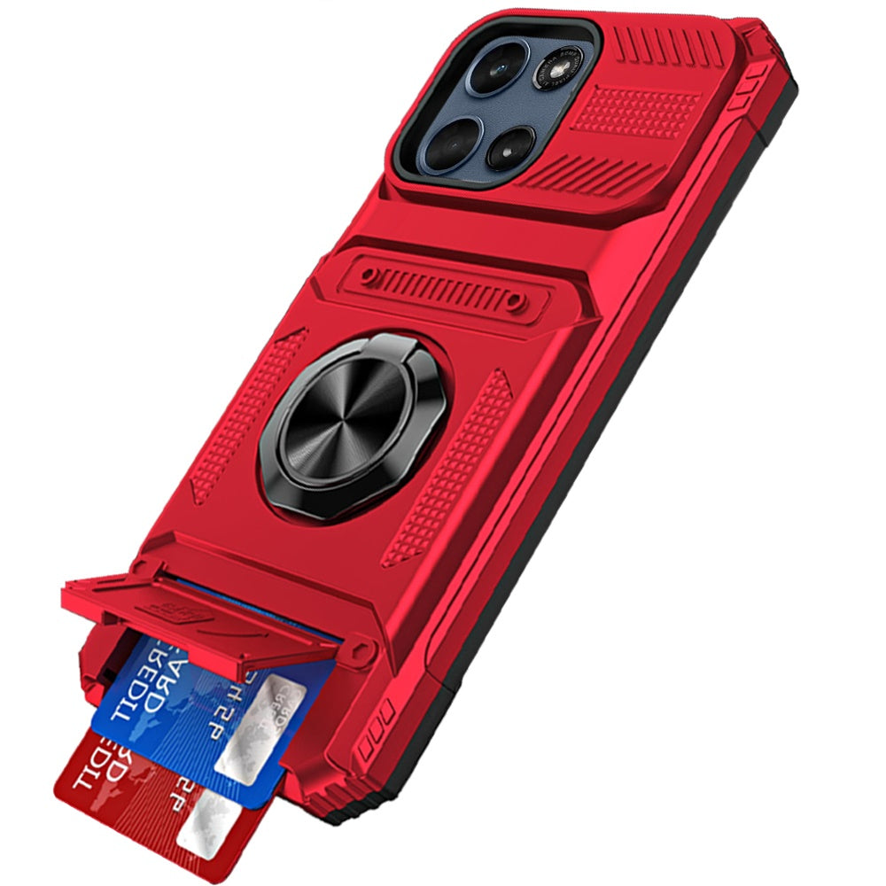 For Motorola Moto G Play 5G 2026 2X Card Slot Metal Ring Stand Hybrid Shockproof Heavy Duty Drop Protection Multi Functional Design Case Cover Red