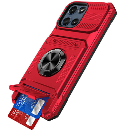 For Motorola Moto G Play 5G 2026 2X Card Slot Metal Ring Stand Hybrid Shockproof Heavy Duty Drop Protection Multi Functional Design Case Cover Red