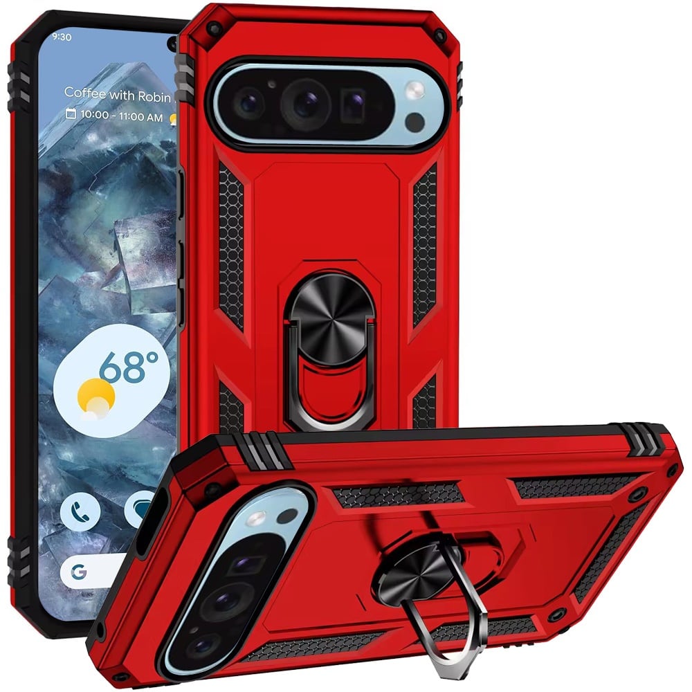 For Google Pixel 9 Pro XL Hybrid Shockproof Durable 360 Degree Rotatable Ring Stand Holder Kickstand Fit Magnetic Car Mount Case Cover Red