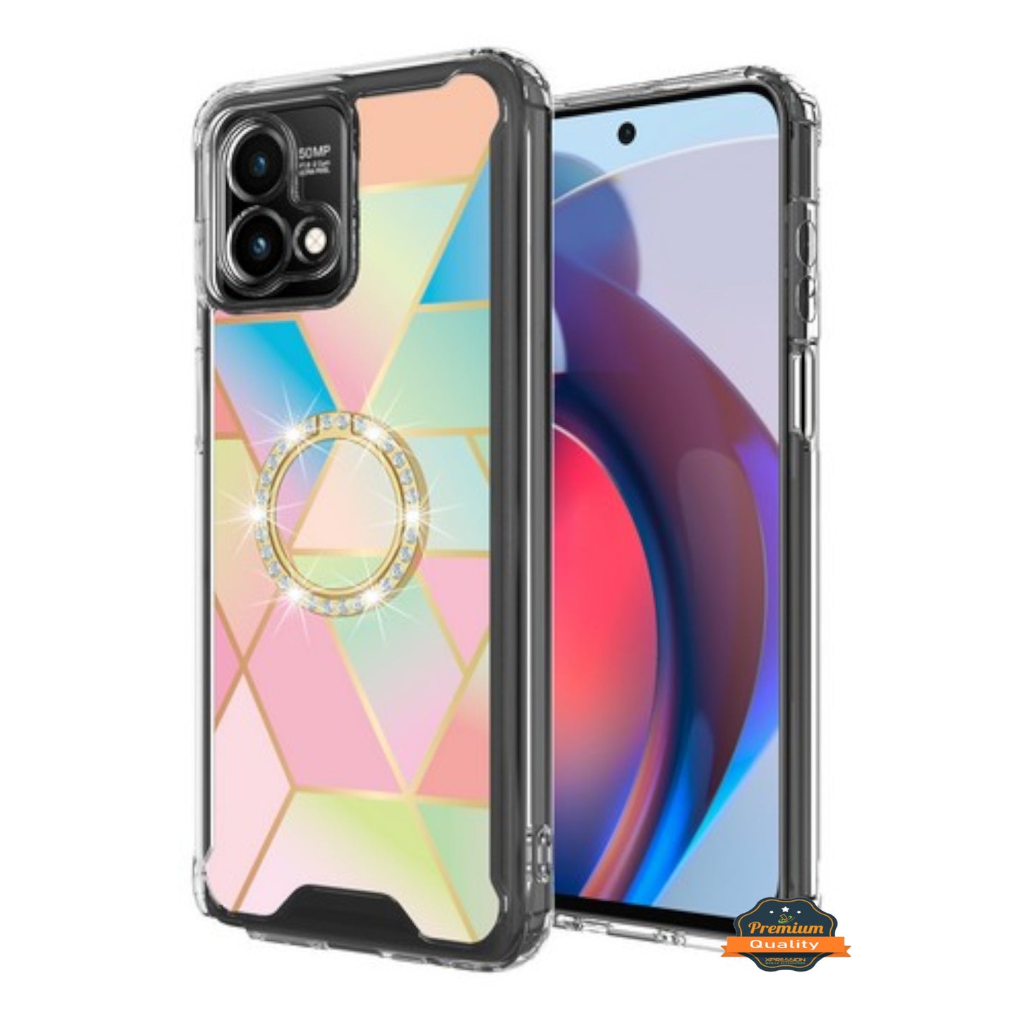 For Motorola Moto G Stylus 5G 2025 Fashion Design Bling Diamond Hybrid Protective Case, Ring Kickstand Hard PC + TPU Case Cover