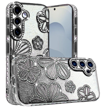 For Samsung Galaxy S26 Luxury Flower Design Sparkle Glitter Diamond Rhinestone Shimmer Bling Plating Thick TPU Hard PC Case Cover