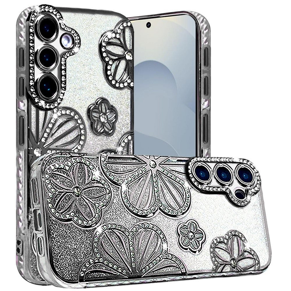 For Samsung Galaxy S26 Ultra Luxury Flower Design Sparkle Glitter Diamond Rhinestone Shimmer Bling Plating Thick TPU Hard PC Case Cover