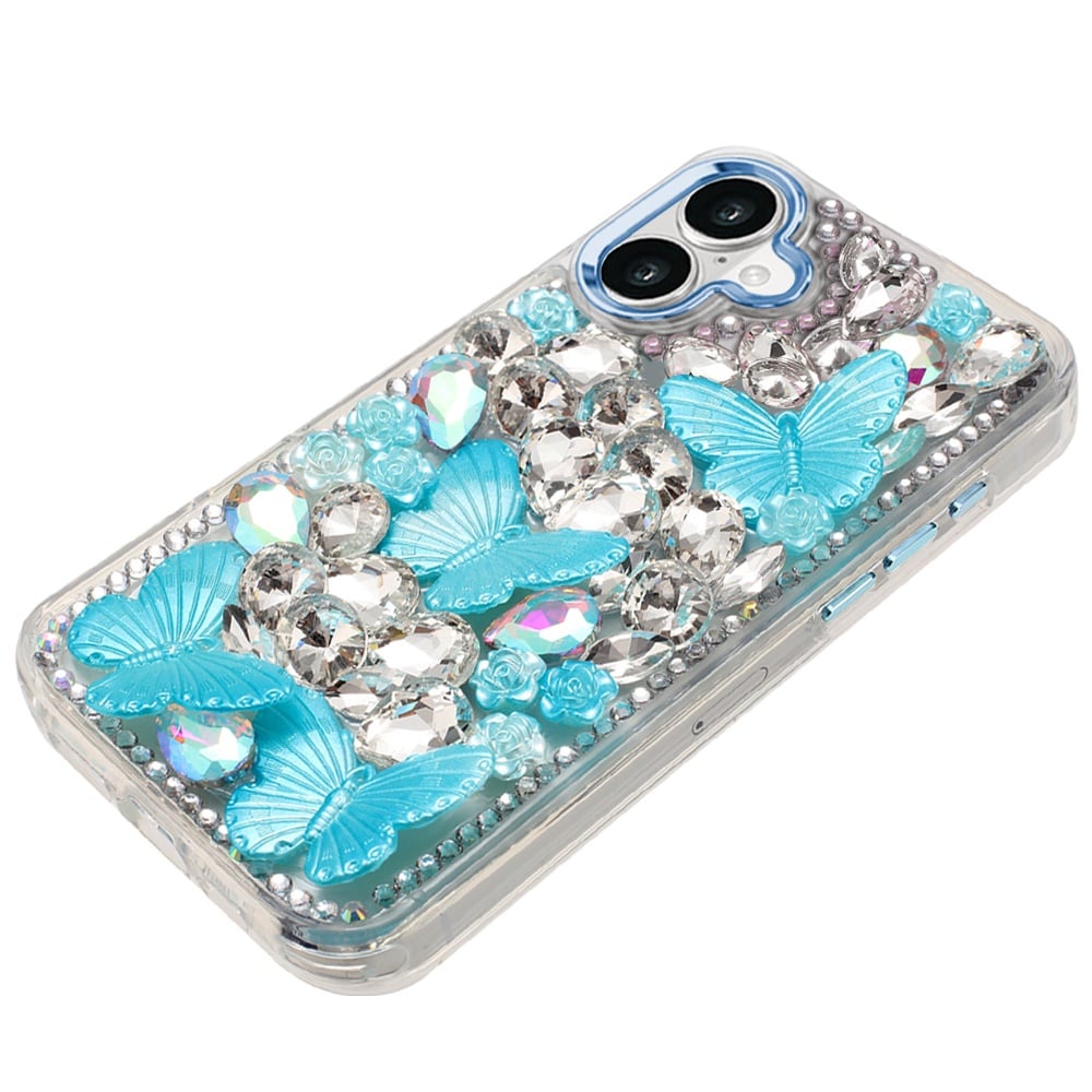 For Apple iPhone 17 (6.3") 3D Diamond Floral Butterfly Bling Stone Hybrid, Sparkly Rhinestone Gemstone Back Shockproof Case Cover