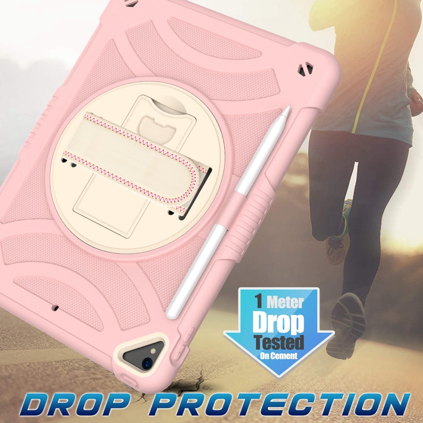 For 3-in-1 Tough Hybrid Shockproof Protector Silicone TPU with Pencil Holder, Kickstand, Hand & Shoulder Strap Rose Gold Pink Tablet Case Cover