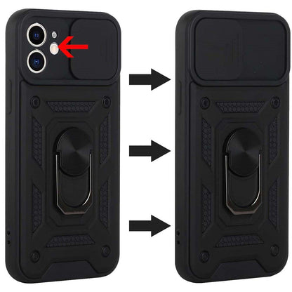 For Apple iPhone 11 Hybrid Case with Slide Camera Lens Cover, Ring Kickstand, Heavy-Duty Dual Layer TPU, Fit Magnet Car Mount Case Cover Black