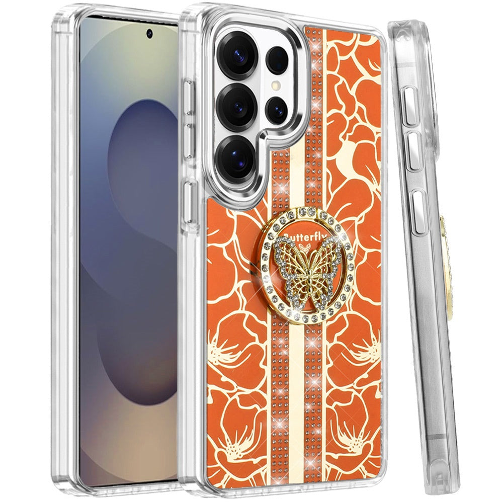 For Samsung Galaxy S26 Ultra Diamonds 3D Butterfly Floral Design Bling Sparkly Glitter Hybrid Metal Fashion with Ring Stand Case Cover