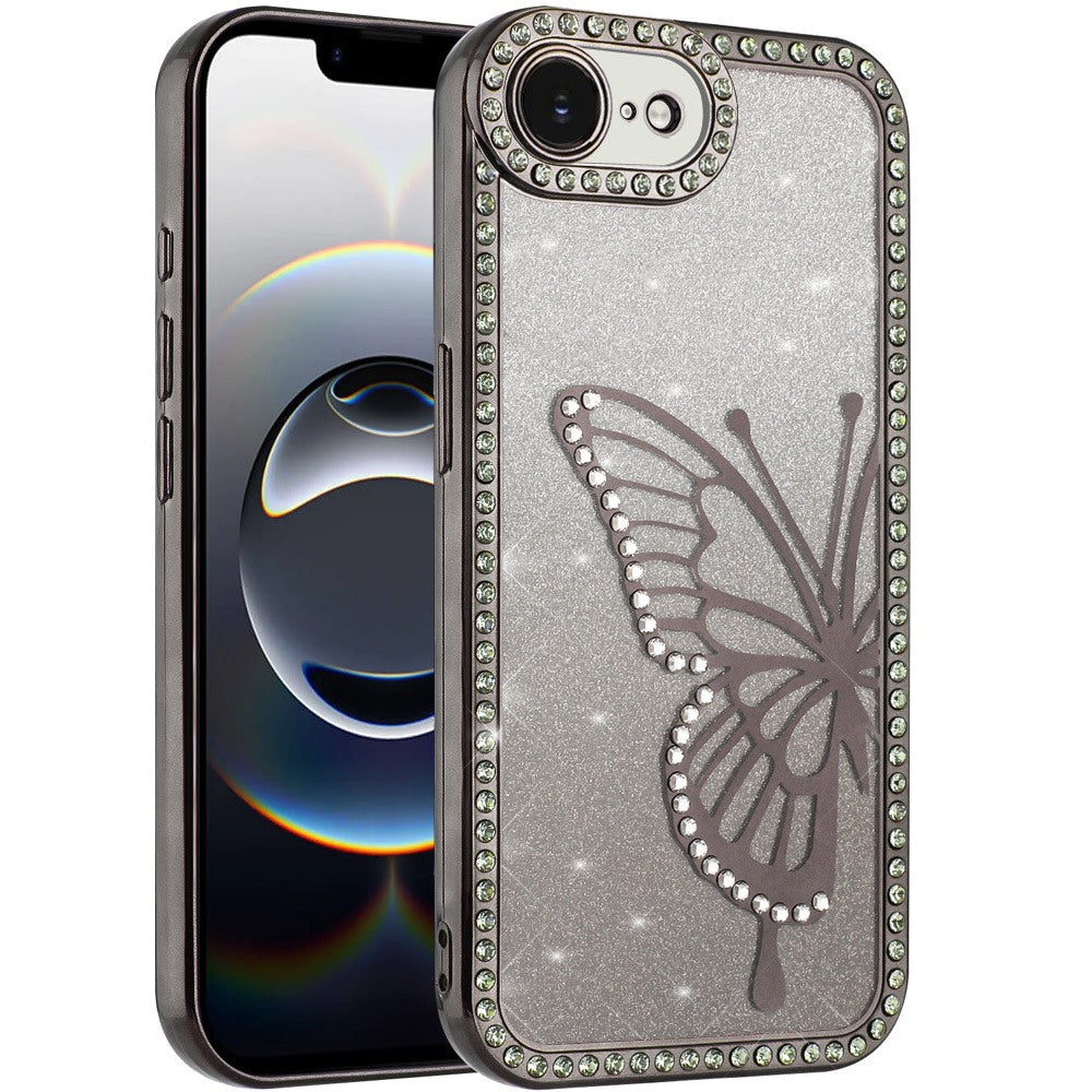 For Apple iPhone 17E /16E Butterfly Glitter Diamond Shimmer Hybrid Slim & Stylish Electroplated Sparkly Bling Shockproof TPU Protective Case Cover Black