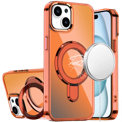 For iPhone 15 (6.1") Chrome Hybrid with Rotating Magnetic Circle Ring Stand, Slim Shockproof Hybrid Case Cover Cosmic Orange
