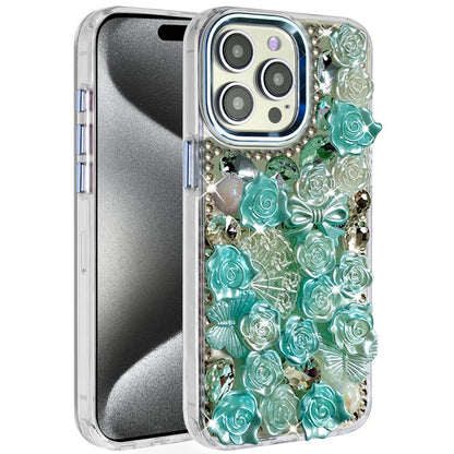 For Apple iPhone 15 Pro Max Muti-Color Floral Fashion Bling Crystal 3D Full Diamonds Stones Sparkle Rhinestone Glitter Hybrid Case Cover