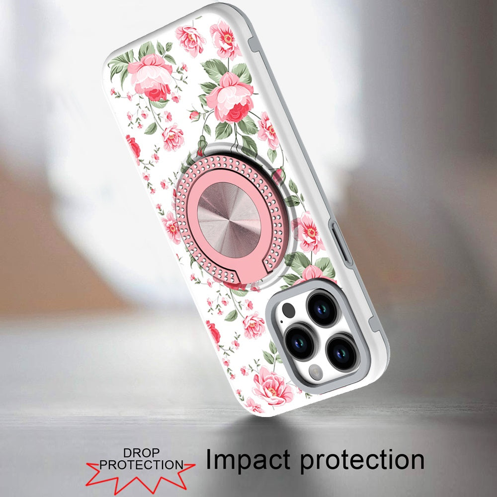 For Apple iPhone 16e Pattern Design Hybrid with Invisible Ring Stand & Magnetic Back, Shockproof Protective Grip Case Cover Red Flowers