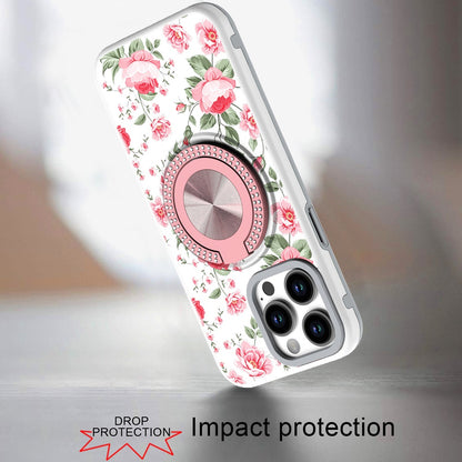 For Apple iPhone 16e Pattern Design Hybrid with Invisible Ring Stand & Magnetic Back, Shockproof Protective Grip Case Cover Red Flowers