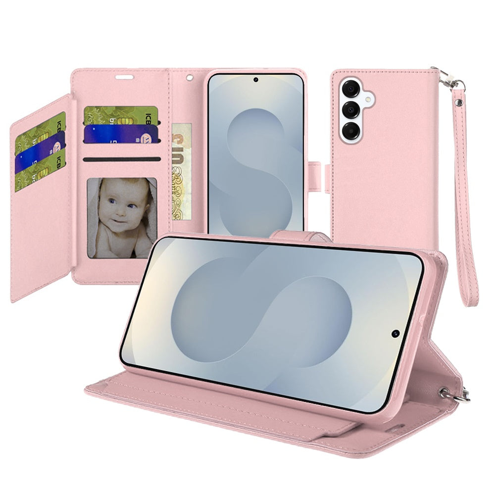 For Samsung Galaxy S26 Wallet Cases PU Leather with Credit Card /ID /Cash Holder Slot Dual Flip Book Pouch, Stand and Strap Case Cover Rose Gold