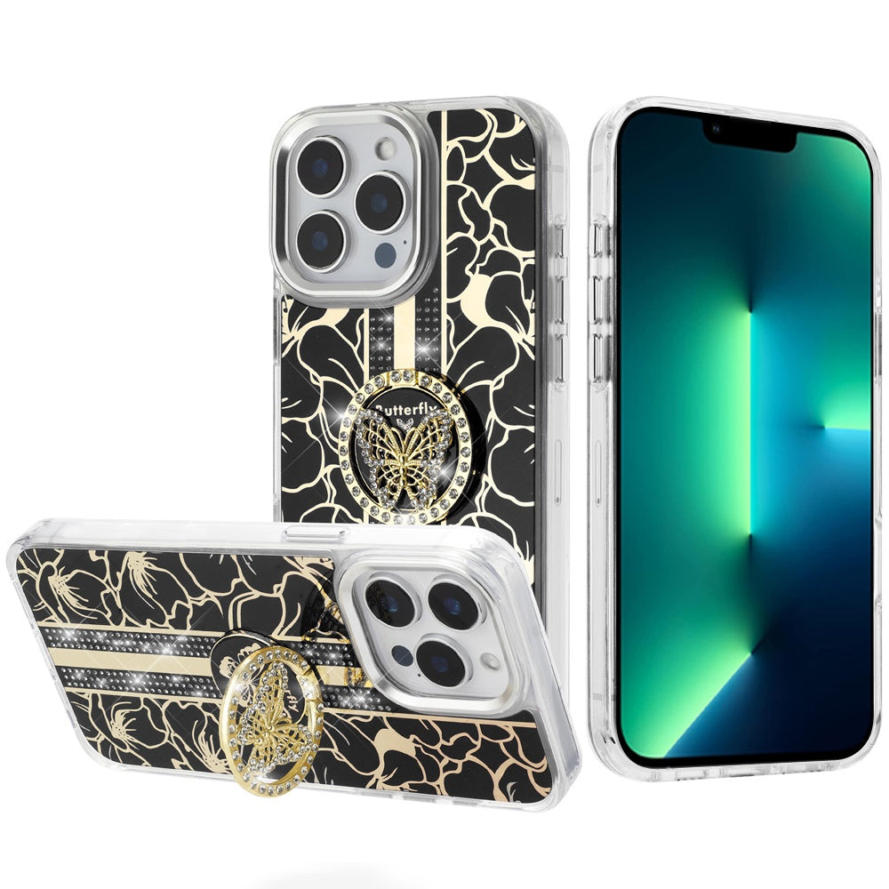 For Apple iPhone 13 Pro Max Floral Design Embedded Glass Diamond Fancy Fashion Glitter Bling Sparkly Hybrid Rugged TPU Bumper Case Cover
