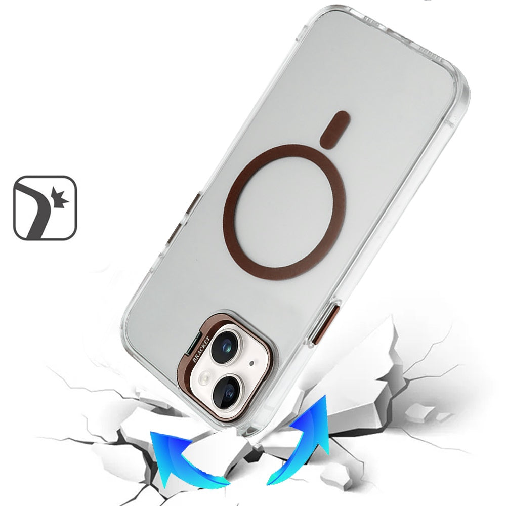 For Apple iPhone 15 Transparent Hybrid Magnetic Circle with Camera Lens Kickstand, Shockproof Slim TPU PC Case Cover