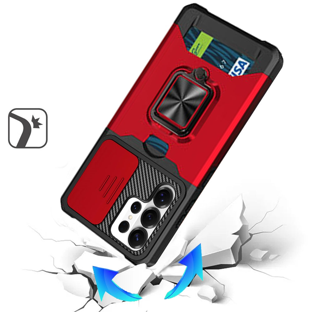 For Samsung Galaxy S26 Ultra Wallet Case with Ring Stand & Slide Camera Cover Back Credit Card Slot Holder, Military Grade Case Cover
