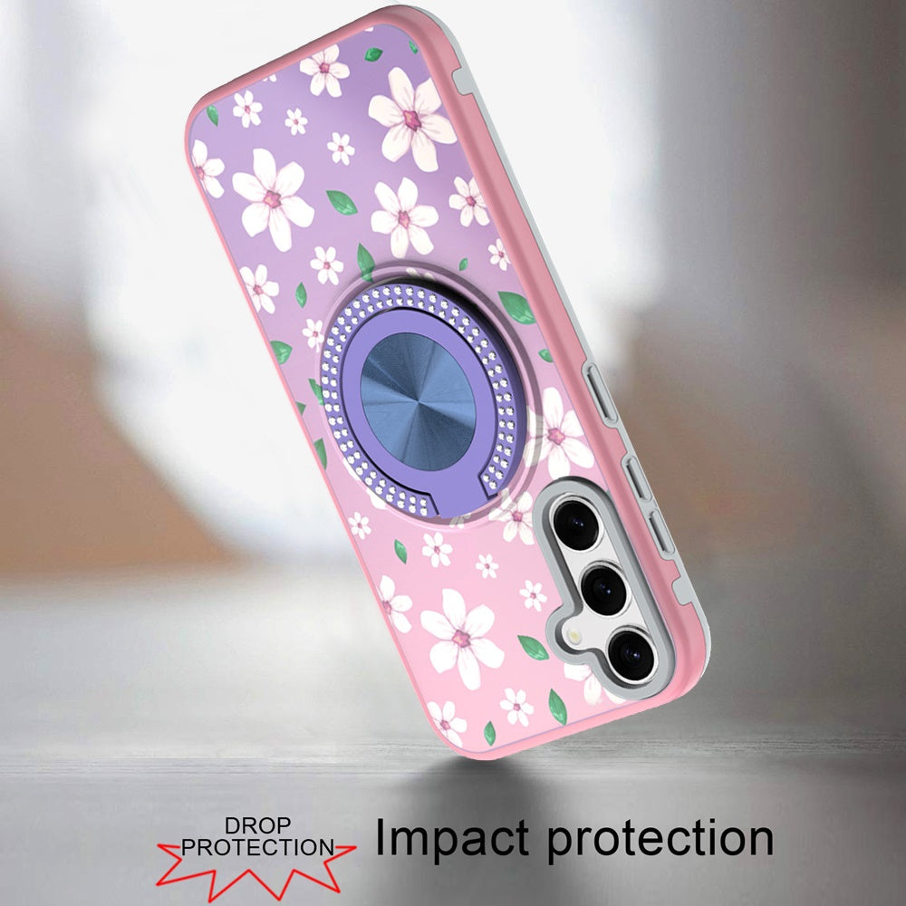 For Samsung Galaxy S25 /S24 Pattern Design Hybrid with Invisible Ring Stand & Magnetic Back, Shockproof Protective Grip Case Cover