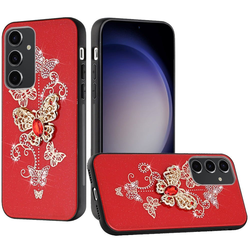 For Samsung Galaxy S24 FE Diamonds 3D Butterfly Bling Sparkly Glitter Ornaments Engraving Hybrid Metal Fashion Case Cover Red Garden Butterflies
