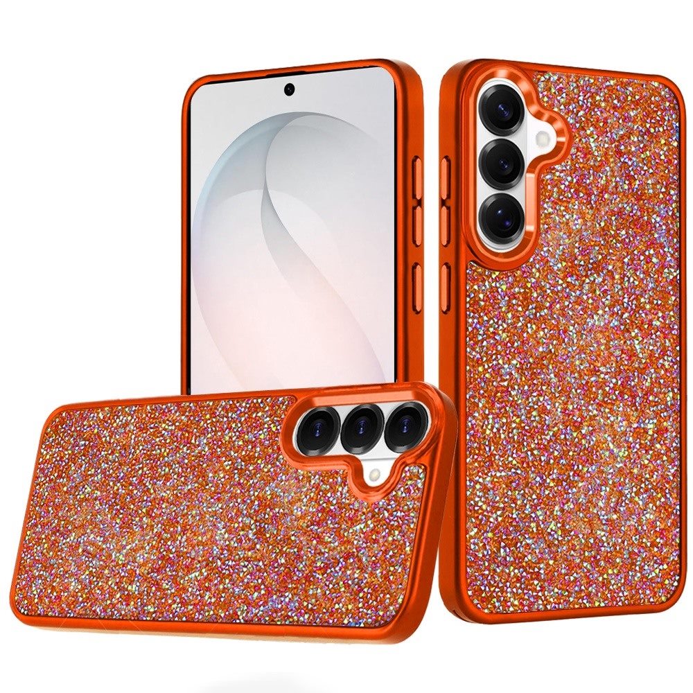 Phone Case for Samsung Galaxy S26 Crystal Glass Bling Diamond Metallic Edge Shockproof Durable Protective Clear Hybrid Stylish Premium Design Cover Cosmic Orange