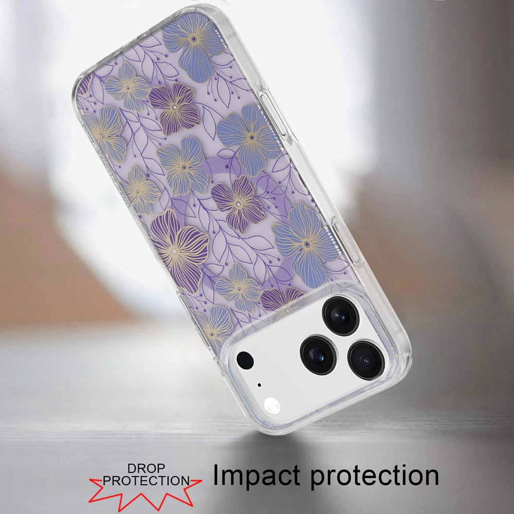 For Apple iPhone 17 Stylish Pattern Fashion IMD Printed Design TPU Double Layer Slim Shockproof with Magnetic Back Case Cover Purple Flower