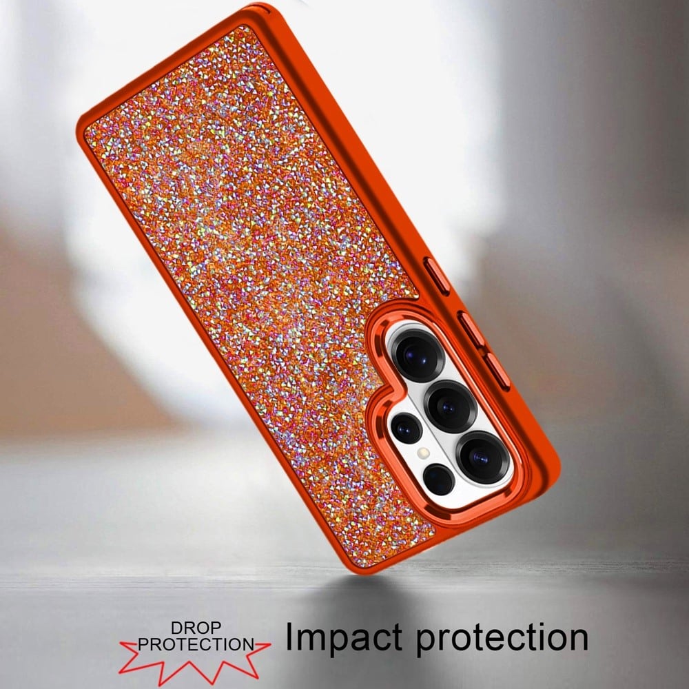 Phone Case for Samsung Galaxy S25 Ultra Crystal Glass Bling Diamond Metallic Edge Shockproof Durable Protective Clear Hybrid Stylish Premium Design Cover Cosmic Orange