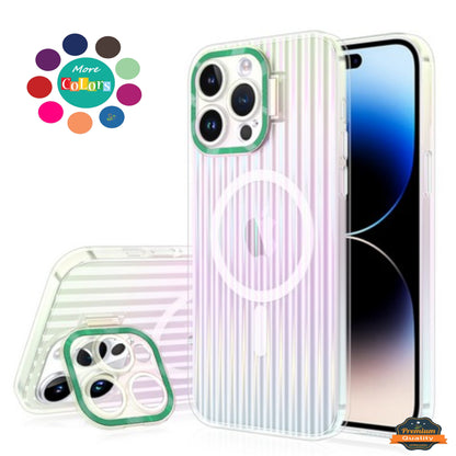 For Apple iPhone 15 Pro (6.1") Built-in Camera Kickstand Shockproof Iridescent Holographic Colorful TPU Slim Protective  Phone Case Cover