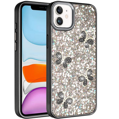 For Apple iPhone 11 Cute Butterfly Crystal Diamond Glitter Case Sparkle Bling Frame Metallic Edges, Shimmer TPU Hybrid Case Cover