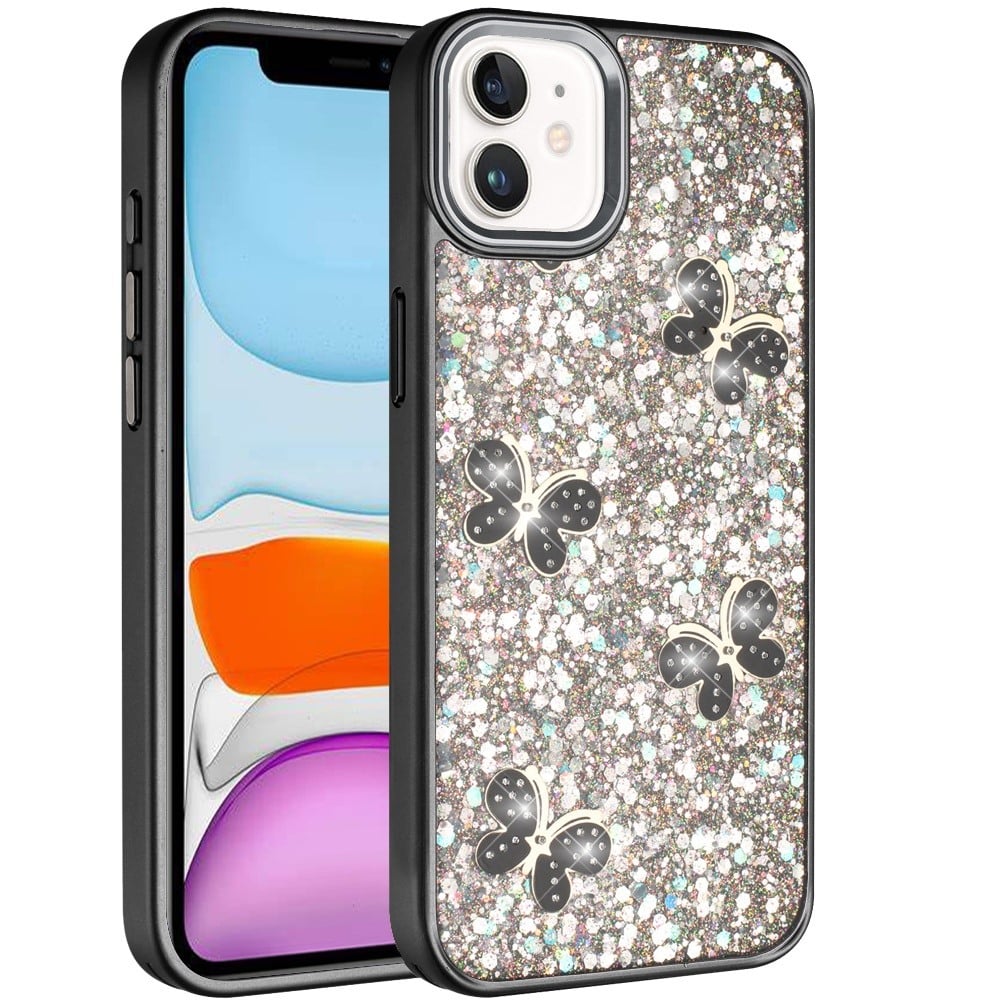 For Apple iPhone 11 Cute Butterfly Crystal Diamond Glitter Case Sparkle Bling Frame Metallic Edges, Shimmer TPU Hybrid Case Cover
