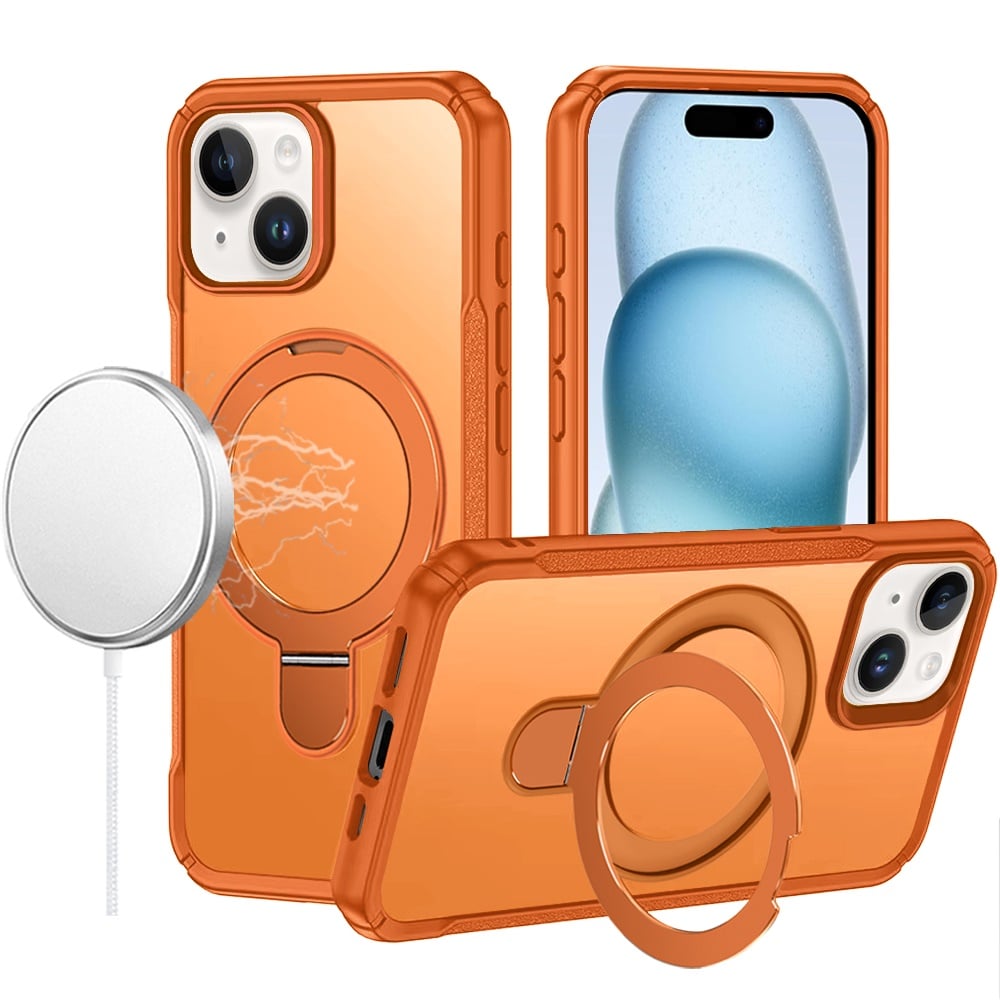 For iPhone 15 (6.1") Matte Finish Magnetic Ring Hybrid Protective Invisible Kickstand Magsafe Compatible Case Cover Cosmic Orange