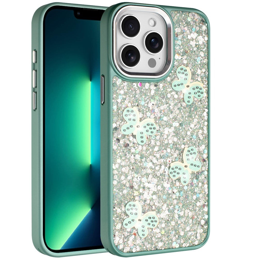 For Apple iPhone 13 Pro Max Cute Butterfly Crystal Diamond Glitter Case Sparkle Bling Frame Metallic Edges, Shimmer TPU Hybrid Case Cover Dark Purple