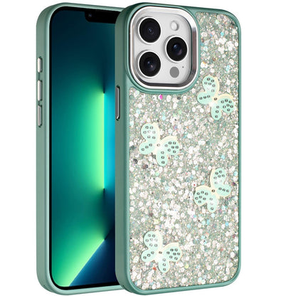 For Apple iPhone 13 Pro Max Cute Butterfly Crystal Diamond Glitter Case Sparkle Bling Frame Metallic Edges, Shimmer TPU Hybrid Case Cover Dark Purple