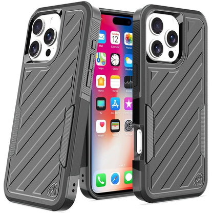 For Apple iPhone 16 Plus Hybrid lined shockproof dual layer Rugged 2in1 Hard PC & Silicone TPU Non Slip Textured Tough Armor Case Cover Black+Grey