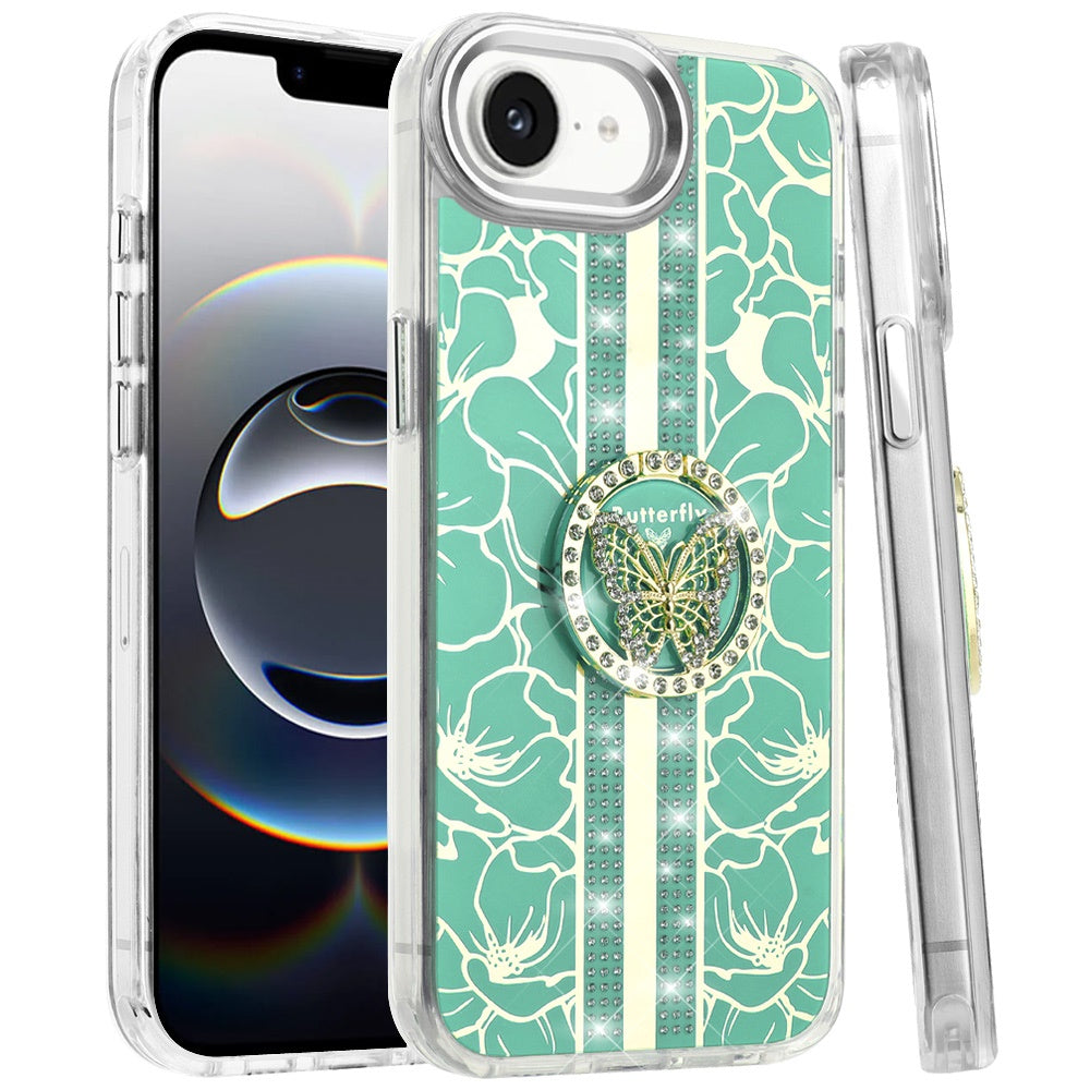 For Apple iPhone 17E /16E Diamonds 3D Butterfly Floral Design Bling Sparkly Glitter Hybrid Metal Fashion with Ring Stand Case Cover