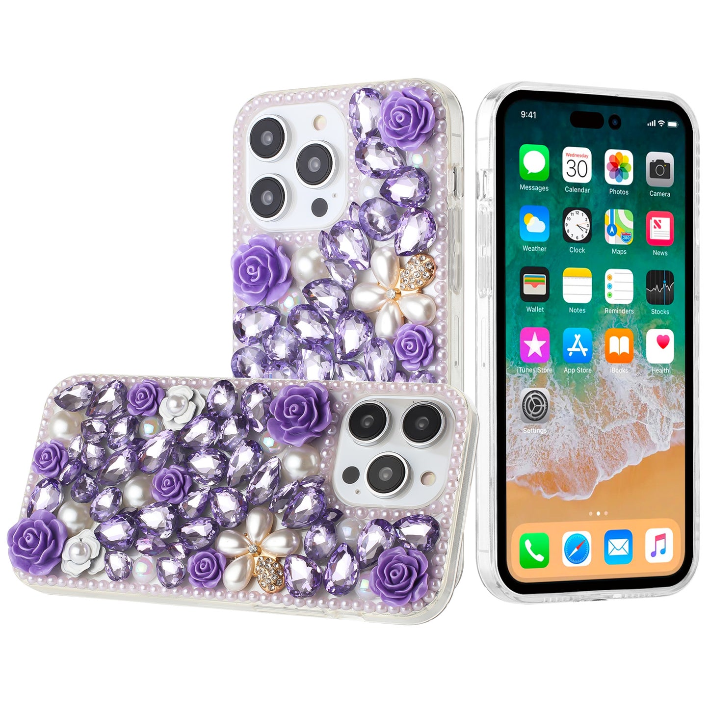 For Samsung Galaxy S24 Fan Edition /Galaxy S24 FE Fashion Rose Flower Floral Bling Crystal 3D Full Diamonds Pearl Sparkle Rhinestone Glitter Hybrid Case Cover Purple