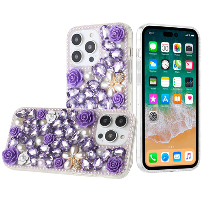 For Samsung Galaxy S24 Fan Edition /Galaxy S24 FE Fashion Rose Flower Floral Bling Crystal 3D Full Diamonds Pearl Sparkle Rhinestone Glitter Hybrid Case Cover Purple