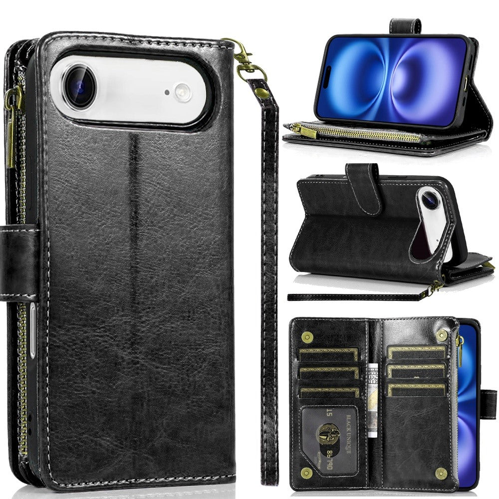 For Apple iPhone 17 Air (6.6") Leather Wallet Case with Zipper, 9 Card Slots, Cash Pocket, Stand & Strap, Clutch Pouch Design Case Cover