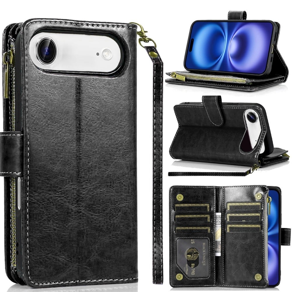 For Apple iPhone 17 Air (6.6") Leather Wallet Case with Zipper, 9 Card Slots, Cash Pocket, Stand & Strap, Clutch Pouch Design Case Cover