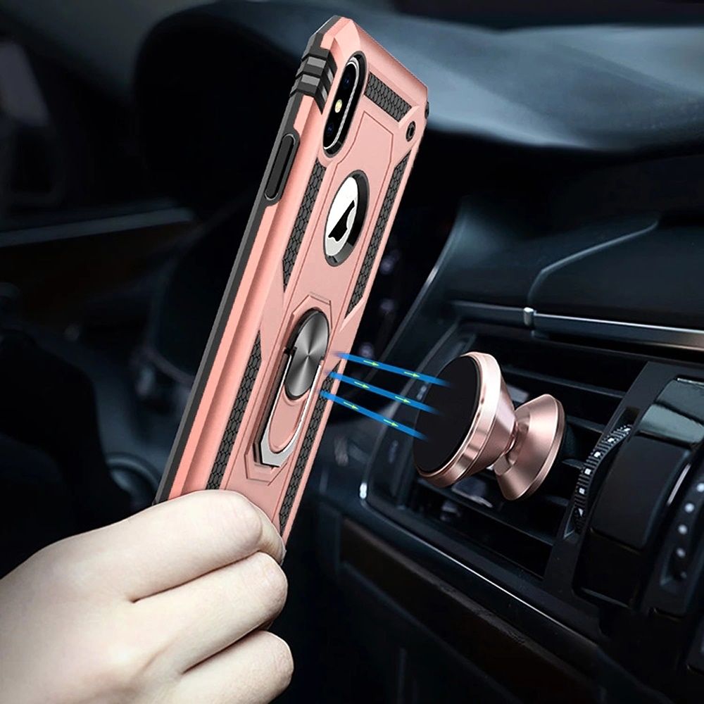 For iPhone XR Hybrid Shockproof Durable 360 Degree Rotatable Ring Stand Holder Kickstand Fit Magnetic Car Mount Case Cover Rose Gold