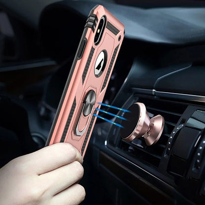 For iPhone XR Hybrid Shockproof Durable 360 Degree Rotatable Ring Stand Holder Kickstand Fit Magnetic Car Mount Case Cover Rose Gold