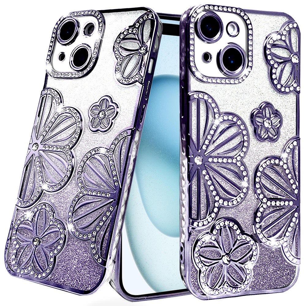 For Apple iPhone 16 Plus (6.7") Luxury Floral Design Sparkle Glitter Diamond Crystal Rhinestone Shimmer Bling Plating Thick TPU Hard PC Case Cover