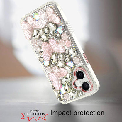 For Apple iPhone 16 (6.1") 3D Diamond Floral Butterfly Bling Stone Hybrid, Sparkly Rhinestone Gemstone Back Shockproof Case Cover