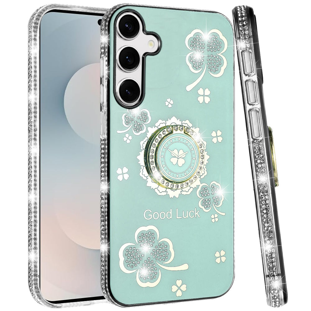 For Samsung Galaxy S26 Diamonds Bling All Around Edges Sparkly Glitter Hybrid with Ring Stand Holder Fashion Good Luck Case Cover