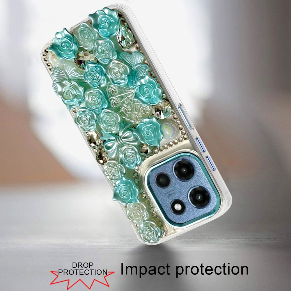 For Samsung Galaxy S26 3D Diamond Floral Roses Flower Bling Stone Hybrid, Sparkly Rhinestone Gemstone Back Shockproof Case Cover