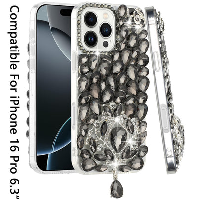For Apple iPhone 16 Pro (6.3") Bling Crystal 3D Full Diamonds Jewelry Luxury Sparkle Rhinestone Glitter Hybrid Protective Case Cover