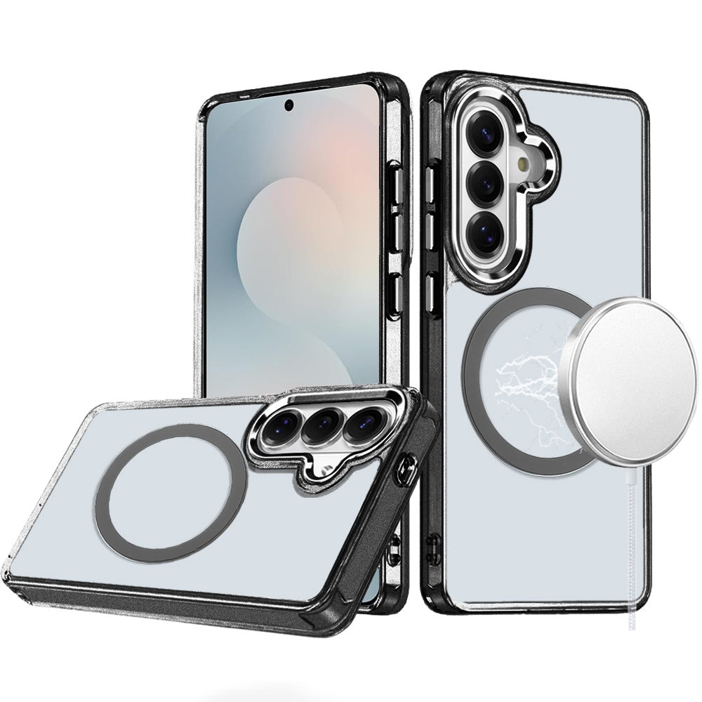For Samsung Galaxy S25 FE /S25 Fan Edition Transparent Back Hybrid Case - Magnetic Circle, Color Frame, Metal Buttons, MagSafe Compatible Case Cover