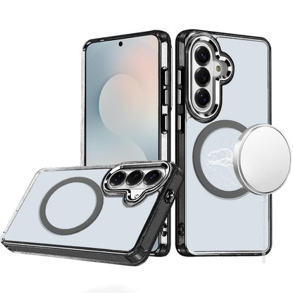 For Samsung Galaxy S25 FE /S25 Fan Edition Transparent Back Hybrid Case - Magnetic Circle, Color Frame, Metal Buttons, MagSafe Compatible Case Cover