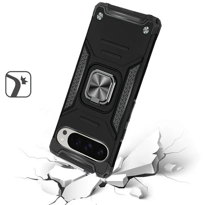 For Google Pixel 9 Pro XL Armor Hybrid Magnetic Stand with Ring Holder Kickstand Shockproof Heavy-Duty Durable Rugged TPU Dual Layer Case Cover Black