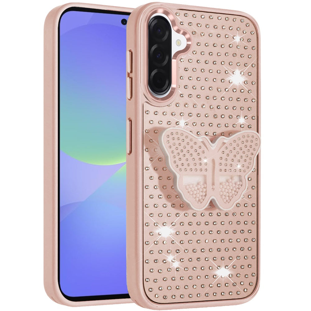 For Samsung Galaxy A37 Butterfly Moveable Grip 3D Pop Stand Full Diamond Bling Sparkling TPU Fashion Hybrid Case Cover