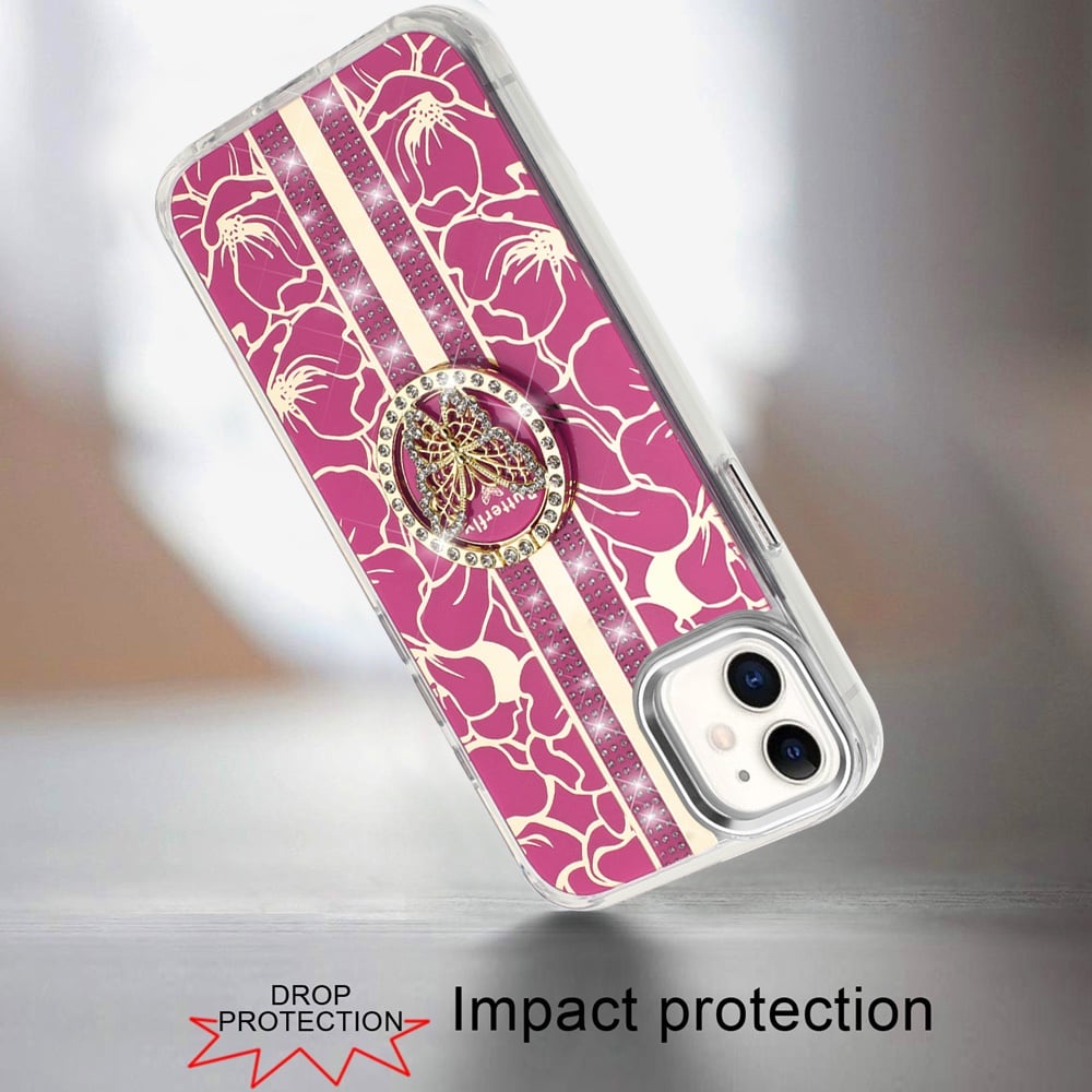For Apple iPhone 11 Diamonds 3D Butterfly Floral Design Bling Sparkly Glitter Hybrid Metal Fashion with Ring Stand Case Cover