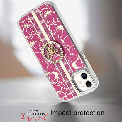 For Apple iPhone 11 Diamonds 3D Butterfly Floral Design Bling Sparkly Glitter Hybrid Metal Fashion with Ring Stand Case Cover